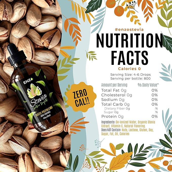 Enzo Liquid Stevia Drops Our Zero Calories Sweetener (4oz - 800 Servings/Bottle) - Pistachio - All