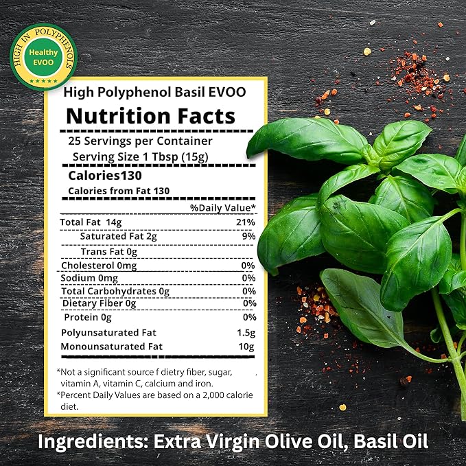 M.G. PAPPAS High Polyphenol Rich Basil Infused Olive Oil - Extra Virgin Olive Oil - Over 500mg/kg
