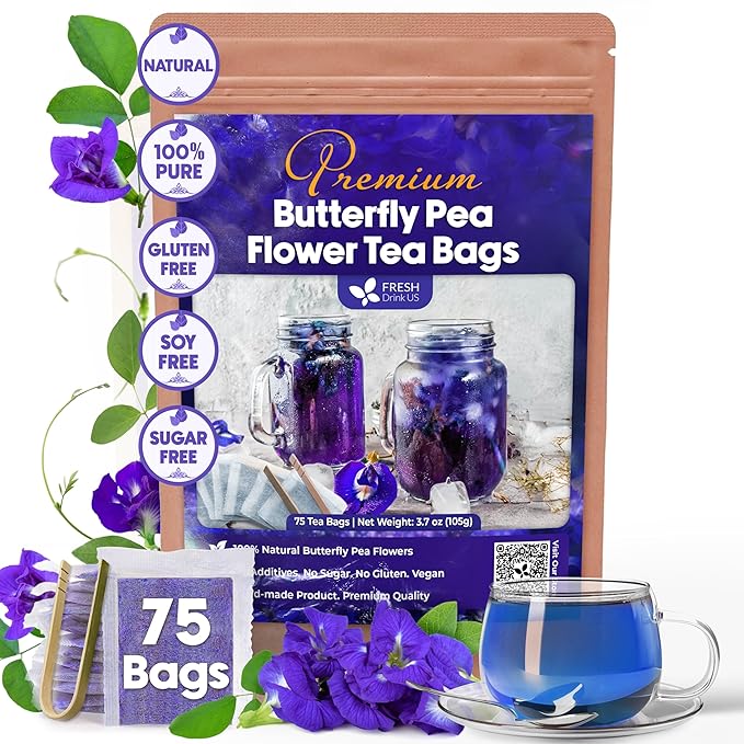 FreshDrinkUS, Premium 75 Tea Bags Blue Butterfly Pea Flowers, 100% Natural and Pure from Butterfly