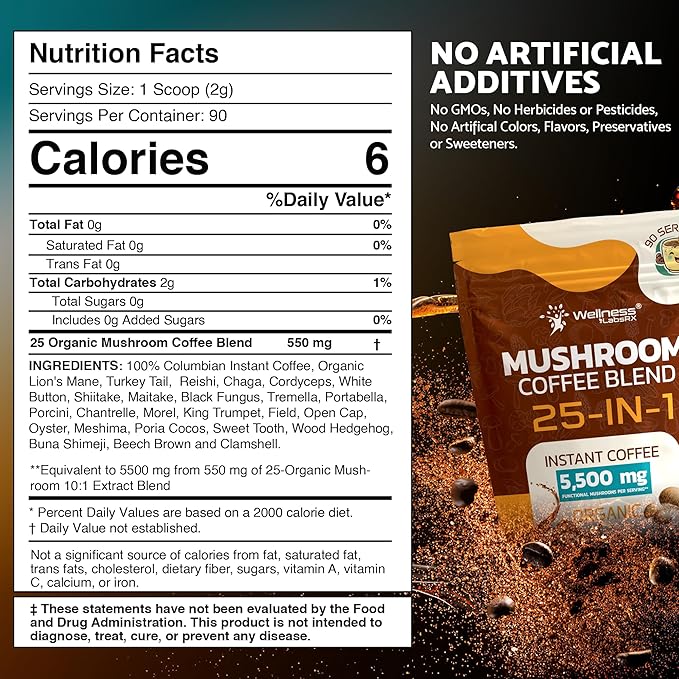 Mushroom Coffee Organic Instant Coffee, 25-in-1, Third-Party Tested Keto Friendly Lions Mane
