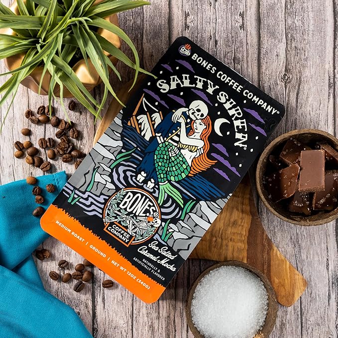Bones Coffee Company Salty Siren, Sea Salted Caramel Chocolate Flavored Coffee, Medium Roast Low