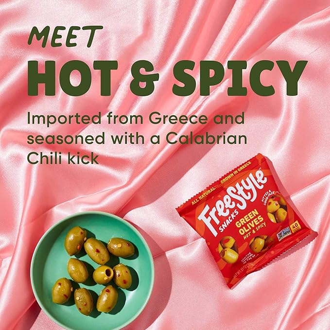 Freestyle Snacks Olive Snack Packs - Single Serve - Fresh Pitted Green Olives, Jumbo-Sized, Grown