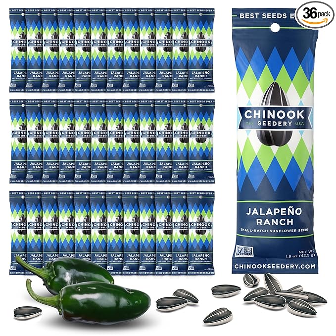 Chinook Seedery Roasted Sunflower Seeds to Eat - 1.5 oz (Pack of 36) Jalapeno Ranch - Jumbo Low