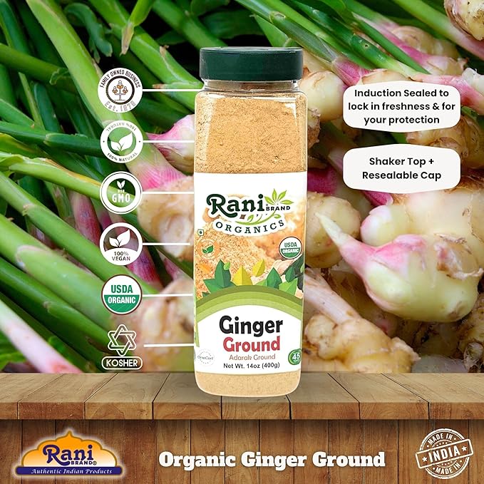 Rani Organic Ginger (Adarak) Powder Ground, Spice 14oz (400g) PET Jar ~ All Natural | Vegan |