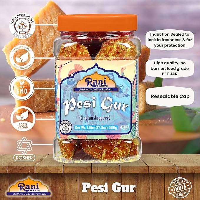 Rani Pesi Gur (Jaggery) Indian Unrefined Raw Cane Sugar 17.5oz (1.1lbs) 500g PET Jar ~ Gluten