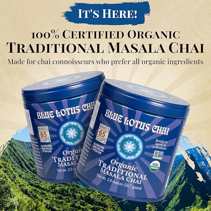 Blue Lotus Chai Tea - Fully Organic Traditional Masala Chai - Makes 65 Cups - 2 Ounce Masala Spiced