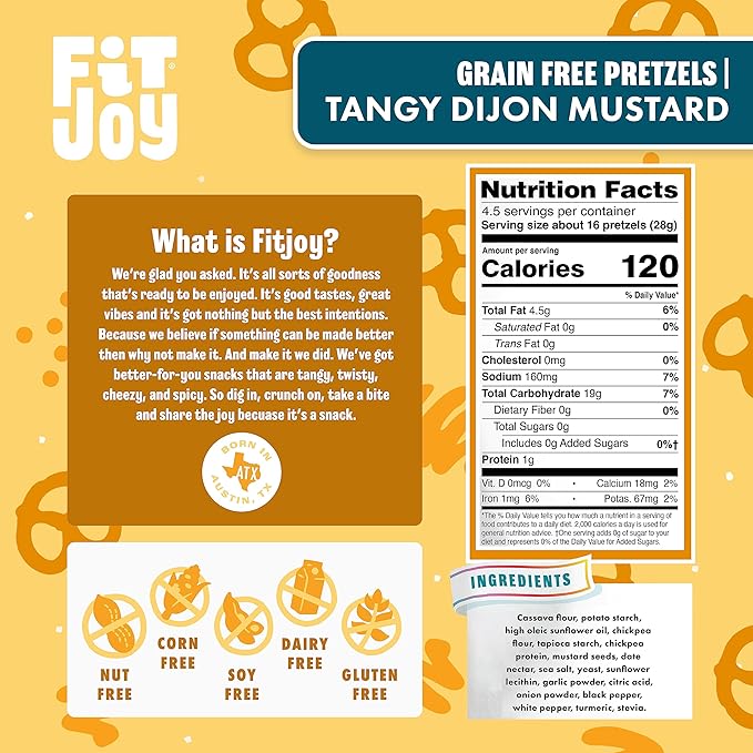 FitJoy Tangy Dijon Mustard Pretzels (Pack of 6, 4.5 Oz) - Dairy, Nut & Gluten Free Snacks - Grain
