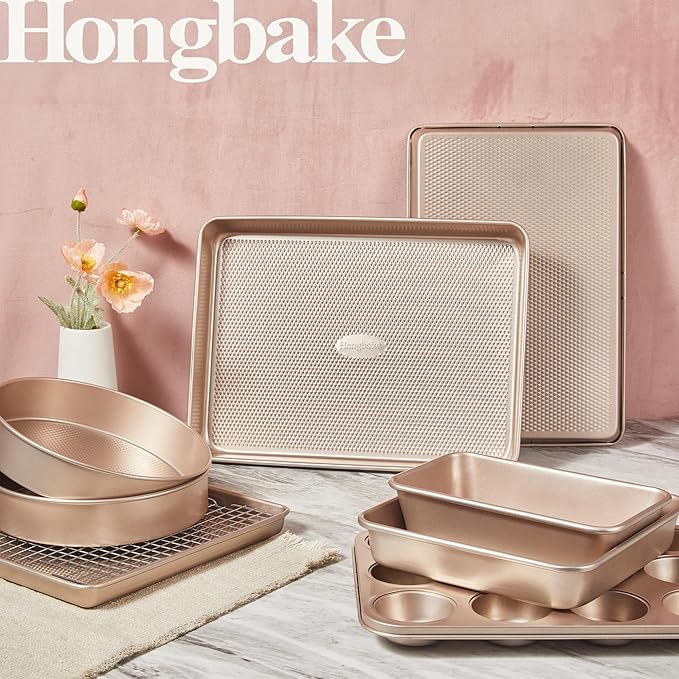 HONGBAKE 9-Piece Baking Pans Set Nonstick, Stackable Non Toxic Bakeware Sets with Diamond Texture