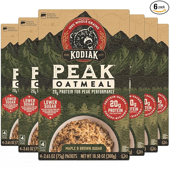 Kodiak Cakes Peak Instant Oatmeal Packets, Maple Brown Sugar, High Protein,100% Whole Grains, 6 box
