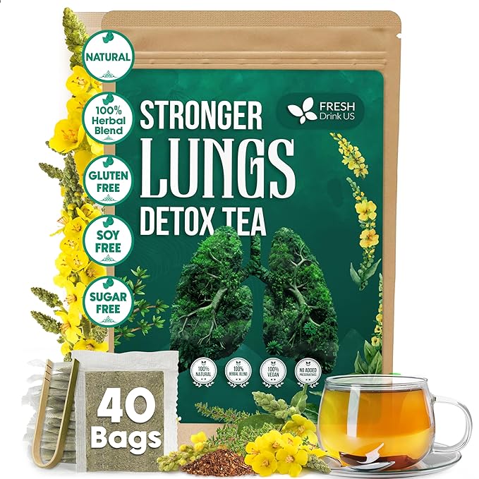 FreshDrinkUS, StrongerLungs 40 Tea Bags - Mullein Leaf, Ginseng, Elderberry, Ginger & Thyme