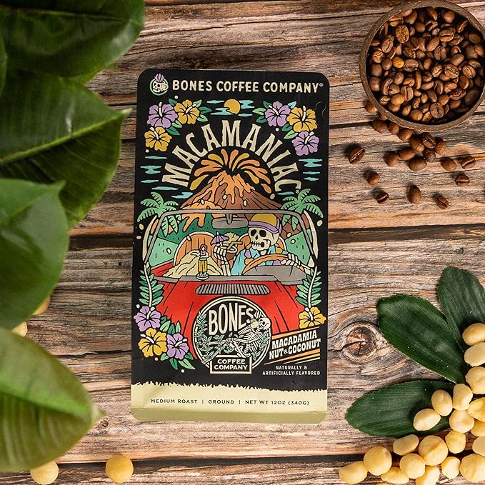 Bones Coffee Company Macamaniac, Macadamia and Coconut Flavored Coffee, Medium Roast Low Acid