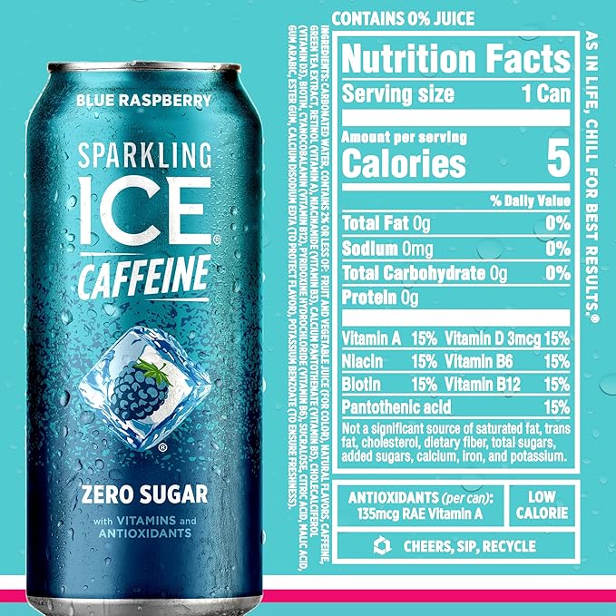 Sparkling Ice Caffeine Variety Pack, Flavored Sparkling Water, Zero Sugar, with Vitamins and