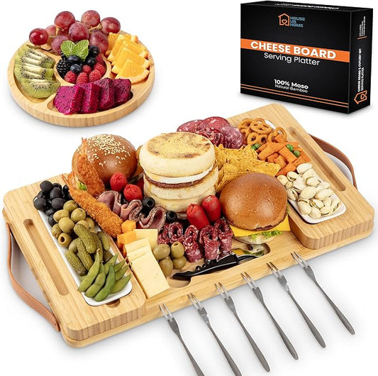 Bamboo Charcuterie Boards Gift Set with Magnetic Removable Side Trays, Fruit Tray, Handles