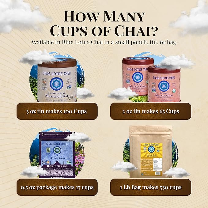 Blue Lotus Chai Tea - Traditional Masala Chai - Makes 100 Cups - 3 Ounce Masala Spiced Chai Powder