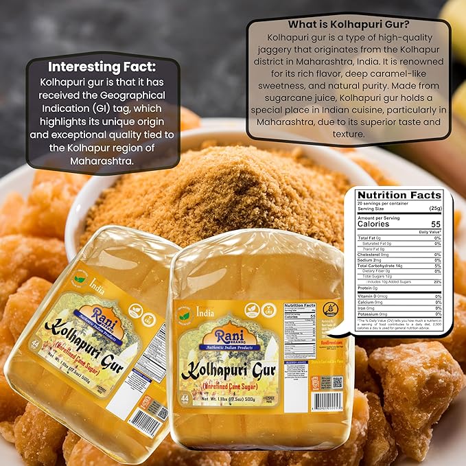 Rani Kolhapuri Gur (Jaggery) 17.5oz (1.1lbs) 500g ~ Unrefined Cane Sugar, No Color added, Gluten