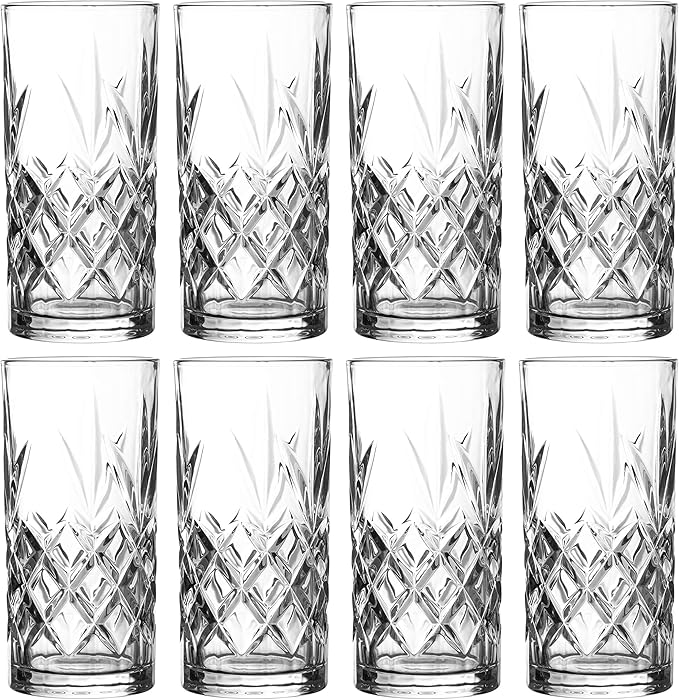 Royalty Art Kinsley Tall Highball Glasses Set of 8, 12 Ounce Cups, Textured Designer Glassware for