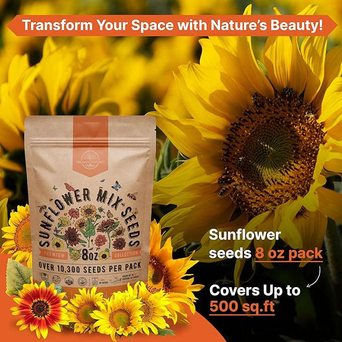 Sunflower Mix Seeds Pack 8 oz - Over 10,300 Non-GMO Heirloom Sunflower Seeds for Planting, Annual