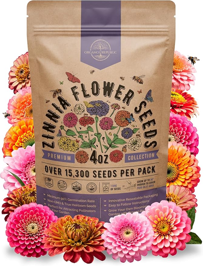 Zinnia Seeds Pack 4 oz - Over 15,300 Non-GMO Heirloom Zinnia Seeds for Planting, Annual Flowers in