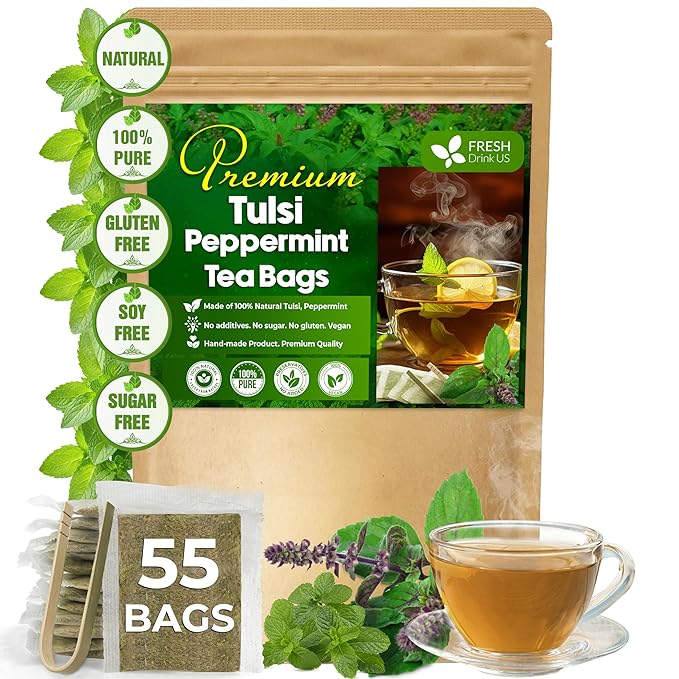 FreshDrinkUS, Premium Tulsi Peppermint Herbal Tea ??55 Tea Bags, 100% Natural, Blend of Tulsi Holy