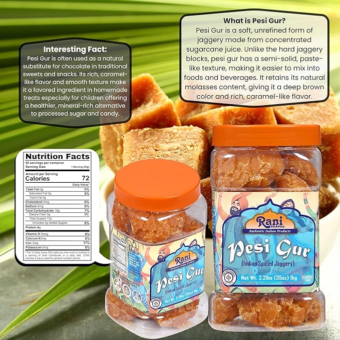 Rani Pesi Gur (Jaggery) Indian Unrefined Raw Cane Sugar 35oz (2.2lbs) 1kg PET Jar ~ Gluten Friendly