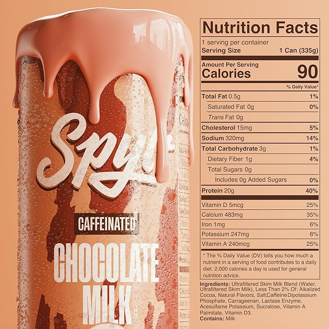 High Protein Chocolate Milk with 60mg Caffeine & 20g Protein - 90 Calories, Ready to Drink, Sugar