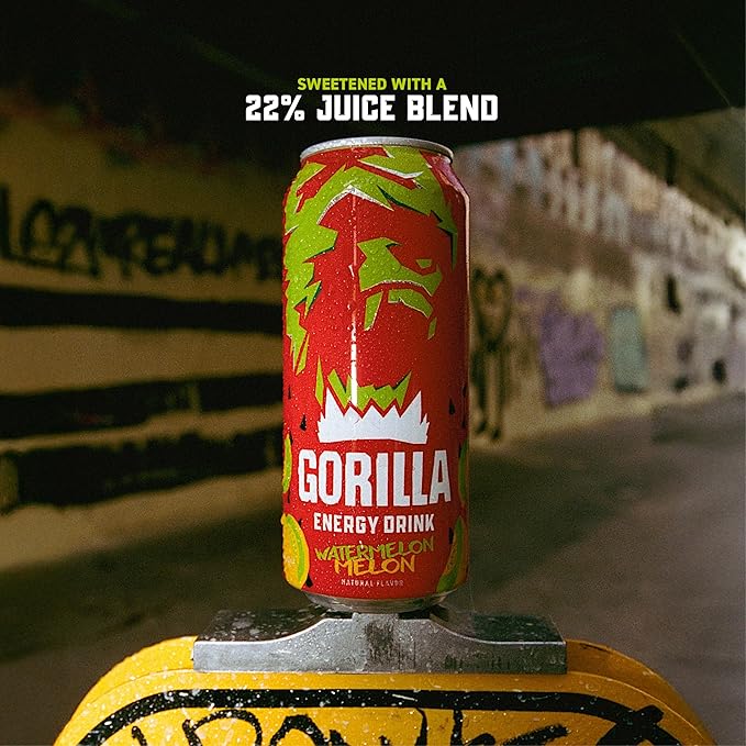 Gorilla Energy Drink, Watermelon Melon, 200mg Natural Caffeine, Real Fruit Juice Squeezed &
