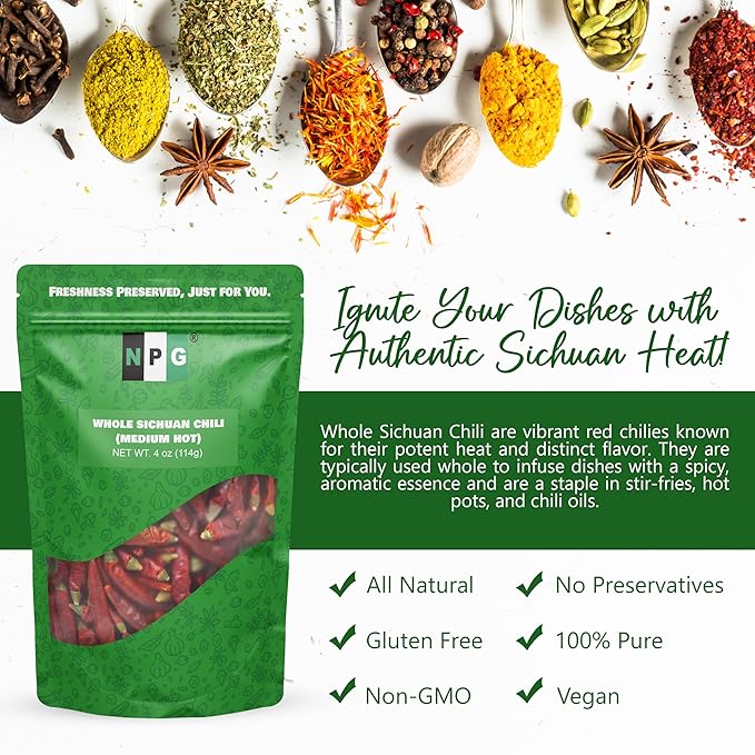 NPG Sichuan Red Chili Peppers 4 Ounces, Medium Hot, Premium Szechuan Dried Red Chilies for Chili