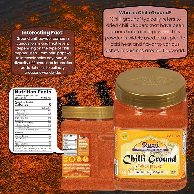 Rani Chilli Powder (Mirchi) Ground Indian Spice 16oz (1lb) 454g PET Jar ~ All Natural | Salt-Free |