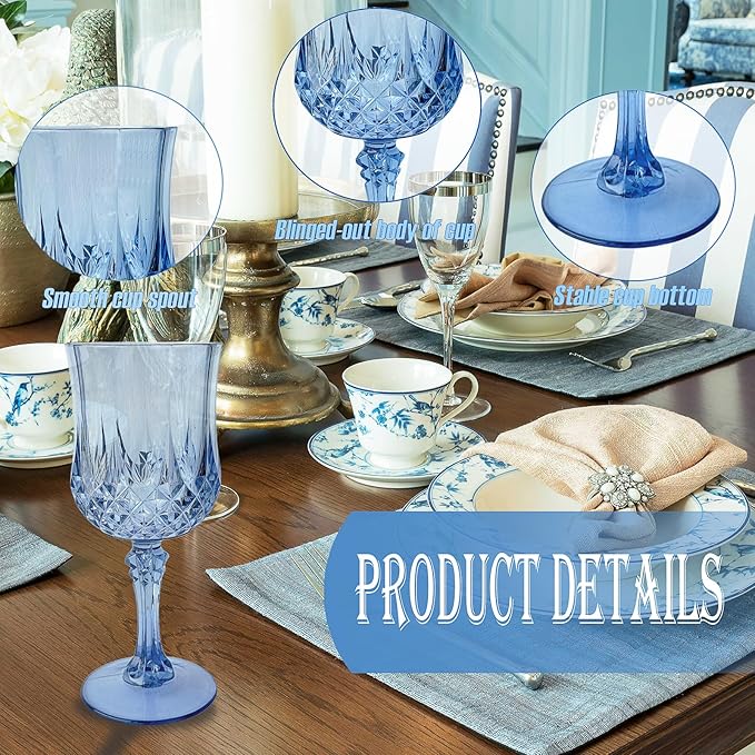48 PCS Blue Plastic Wine Glasses,Reusable Plastic Wine Glasses,Blue Goblet Glass,Durable and Sturdy
