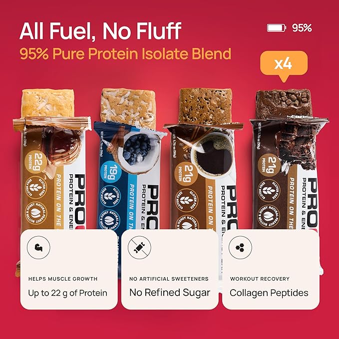 ProGo Protein Bars, Low Sugar, High Protein Snacks (Up to 22g) - 95% Pure Isolate for Faster Muscle