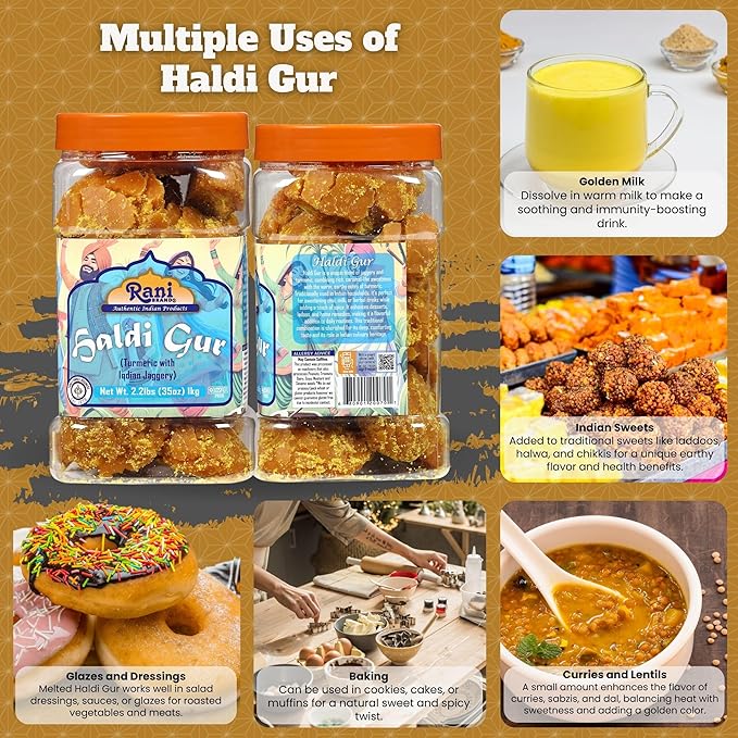Rani Haldi Gur (Turmeric with Indian Jaggery) Indian Unrefined Raw Cane Sugar 35oz (2.2lbs) 1kg PET