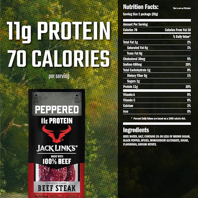 Jack Link's Beef Steak, Peppered - Protein Snacks, Meat Snack with 11g of Protein, Made with 100%