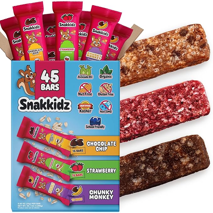 Snakkidz Organic Chewy Granola Bar, Allergen Free, Made with Avocado Oil, Low Sugar (45 Bars