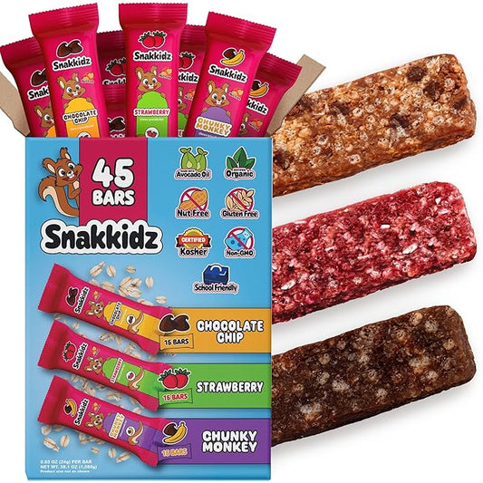 Snakkidz Organic Chewy Granola Bar, Allergen Free, Made with Avocado Oil, Low Sugar (45 Bars
