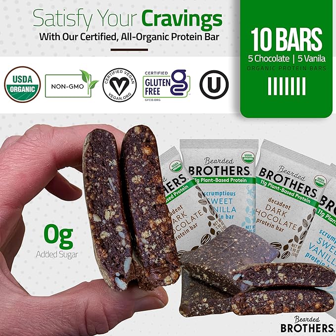 Bearded Brothers Organic Protein Bars, Dark Chocolate and Vanilla (10 Pack) - Plant Based Protein