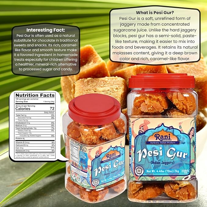 Rani Pesi Gur (Jaggery) Indian Unrefined Raw Cane Sugar 70oz (4.4lbs) 2kg PET Jar ~ Gluten Friendly