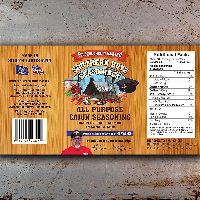 Southern Boyz All Purpose Cajun Creole Seasoning, 8 Ounce Shaker (No MSG, Gluten-Free Blend), 8