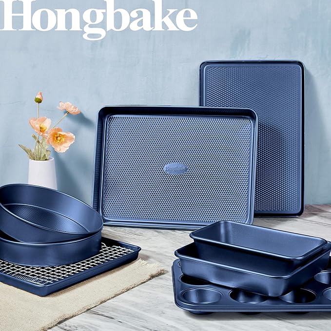 HONGBAKE 9-Piece Baking Pans Set Nonstick, Stackable Non Toxic Bakeware Sets with Diamond Texture
