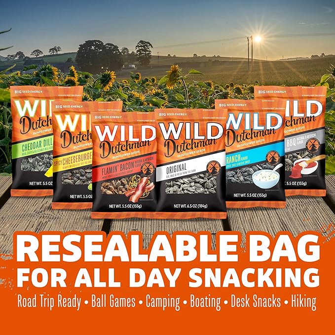 Wild Dutchman Roasted Sunflower Seeds in a Resealable Bag for Ultimate Freshness and an Easy Pour