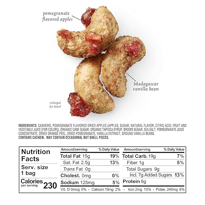 Sahale Snacks Pomegranate Vanilla Cashews, 1.5 oz Bags (18 Packs) - Dry-Roasted Deluxe Mixed Nuts