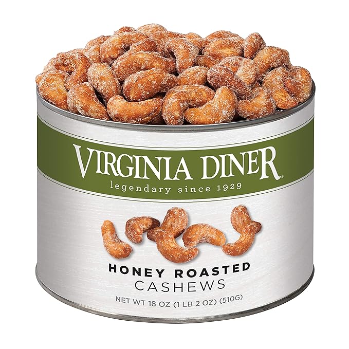 Virginia Diner Honey Roasted Cashew - Jumbo Honey Roasted Gourmet Cashews Gift Tin Non-GMO