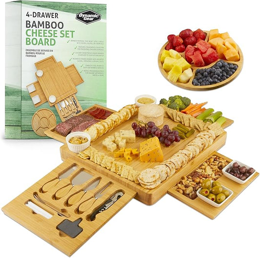 Dynamic Gear Charcuterie Boards with Drawers - Expandable Bamboo Cheese Board Set with Stainless