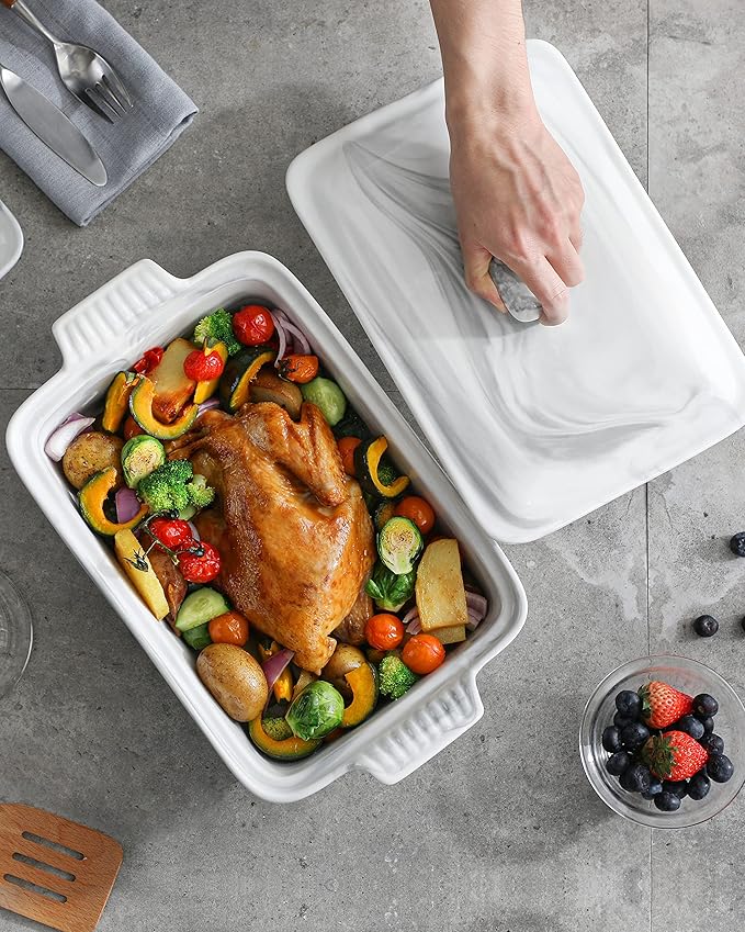 MALACASA Casserole Dish With Lid, 3.4 Quart Baking Dish With Lid, Lasagna Pan Deep Ceramic Bakeware