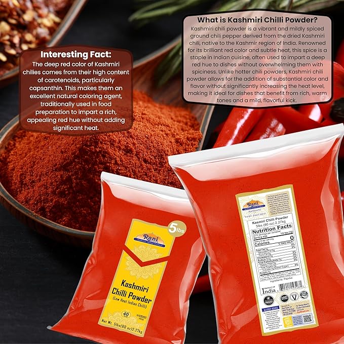 Rani Kashmiri Chilli Powder (Deggi Mirch, Low Heat) Ground Indian Spice 80oz (5lbs) 2.27kg Bulk ~