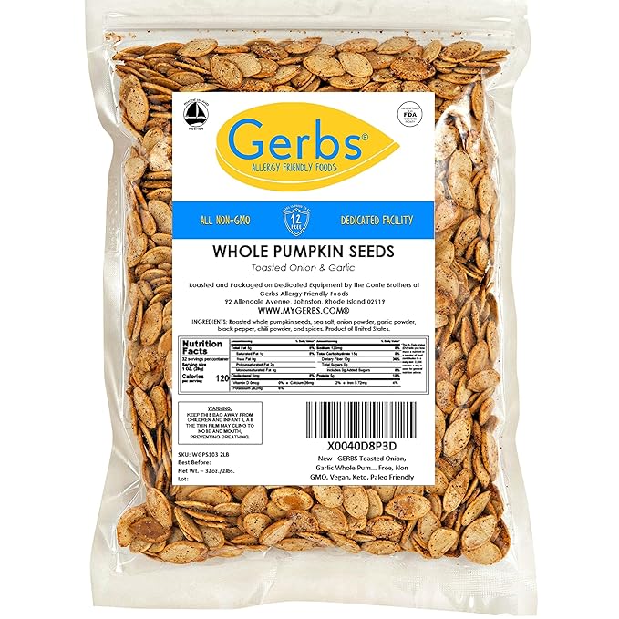 Gerbs Toasted Onion & Garlic Whole Pumpkin Seeds 2 lbs. | Small Batch Roasted, In-Shell, 10.5 mm