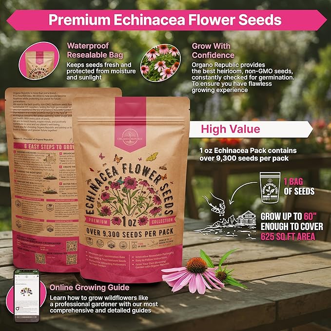 Organo Republic Echinacea Seeds Pack 1 oz - Over 9,300 Non-GMO Heirloom Echinacea Seeds for