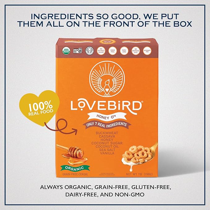 Lovebird Organic Gluten Free Cereal, Honey Flavor ??Prebiotic Fiber, Gut Health, Low Sugar, Grain