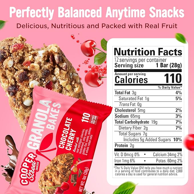 Cooper Street Chocolate Cherry Granola Bakes (24 pack) - Individually Wrapped Soft and Chewy