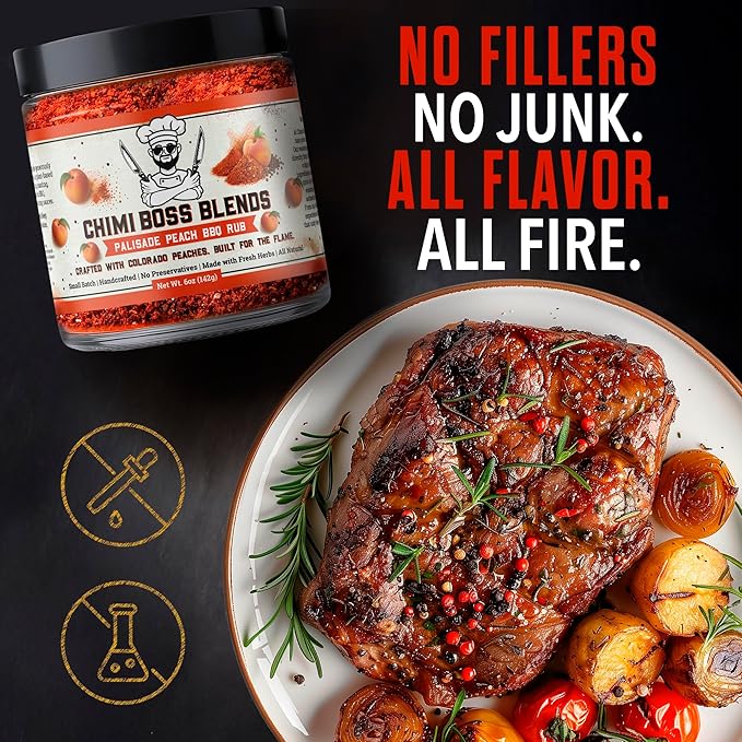 Chimi Boss Blends Palisade Peach BBQ Seasoning, 6oz ??Sweet & Smoky Peach Dry Rub for Grilling