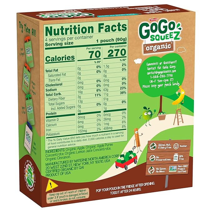 GoGo squeeZ Organic Applesauce and Fruit Puree, Apple Cinnamon, 3.2 oz (Pack of 48), Unsweetened